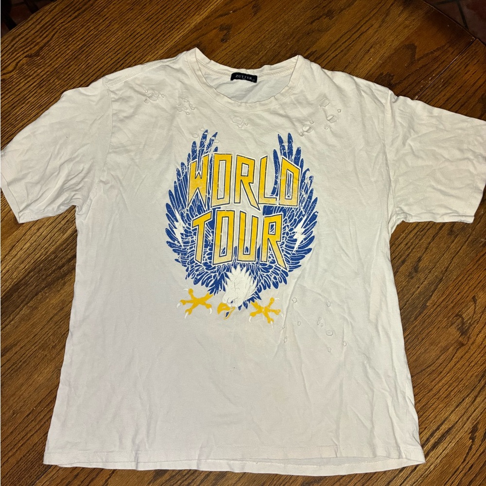 White Graphic Tee with Blue and Yellow Design